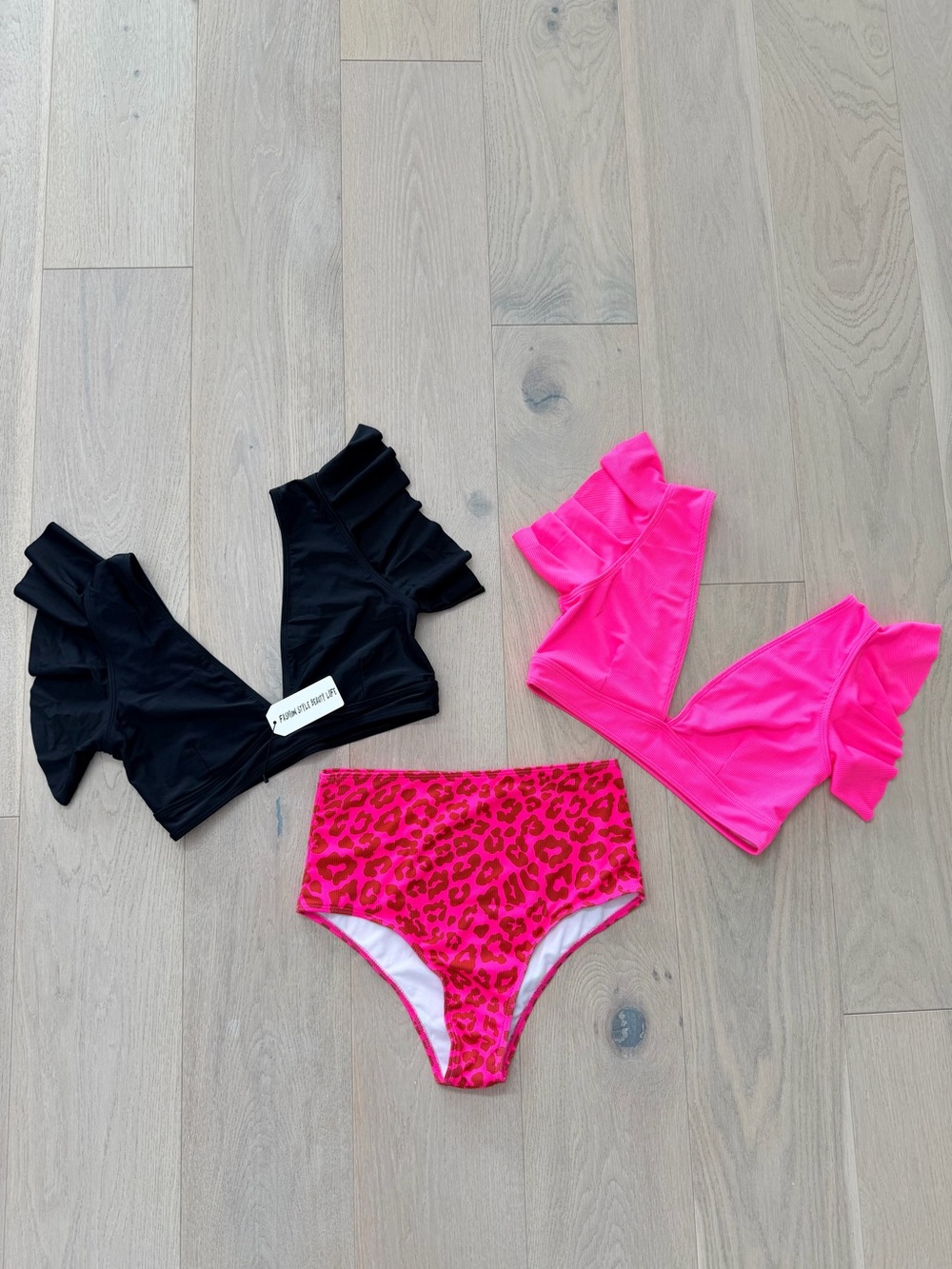 Ruffle Sleeve Bikini Tops & High Waist Leopard Bottoms - Black & Neon Pink